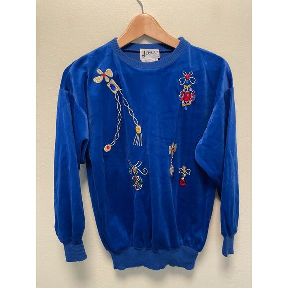 Vintage Womens Sweater Size 10 Blue Velvet Embroidered Embellished Wacky 80s - Picture 1 of 8